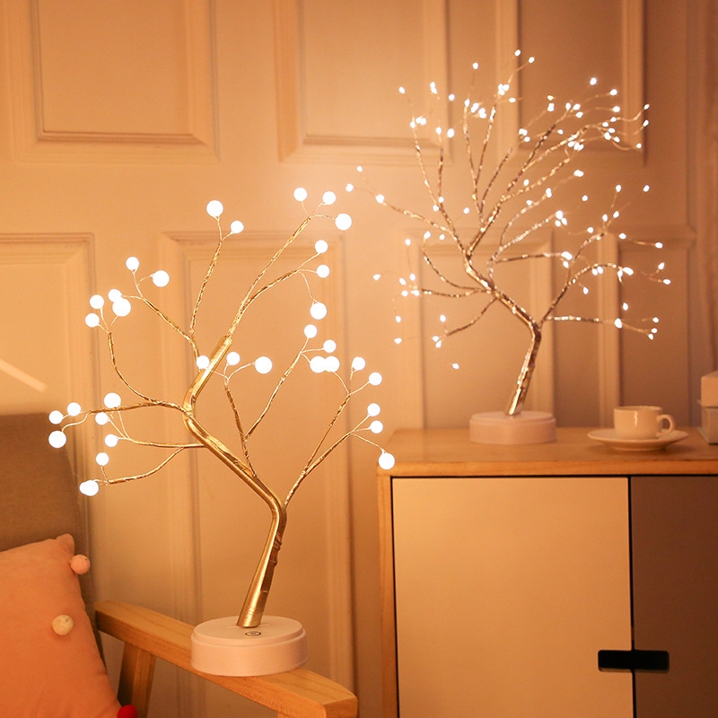 Night Light LED Touch Mode Adjustable Tree Copper Wire USB Table Desk Lamp Decor 