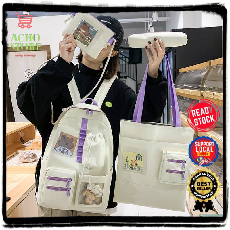 💥New Design💥 Korean Style Backpack 4 in 1 Backpack Set Women Backpack Premium Canvas School