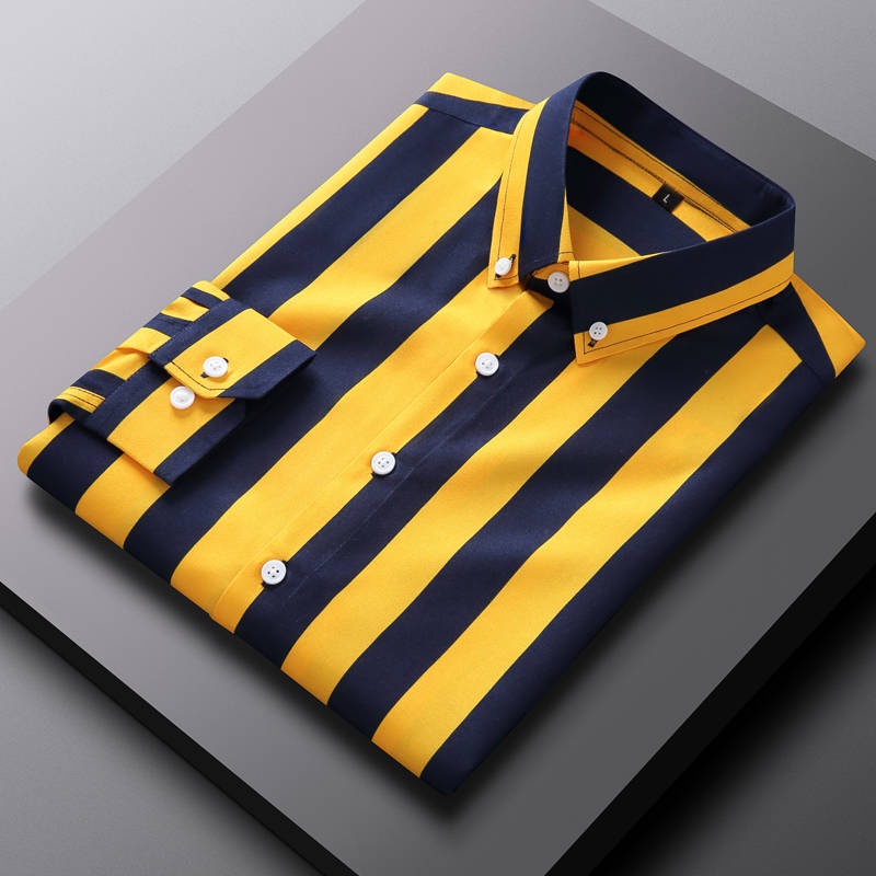 Kemeja kasual lengan panjang lelaki Fall 2021 new yellow striped shirt men's long sleeve business casual shirt men's slim fit long sleeve shirt