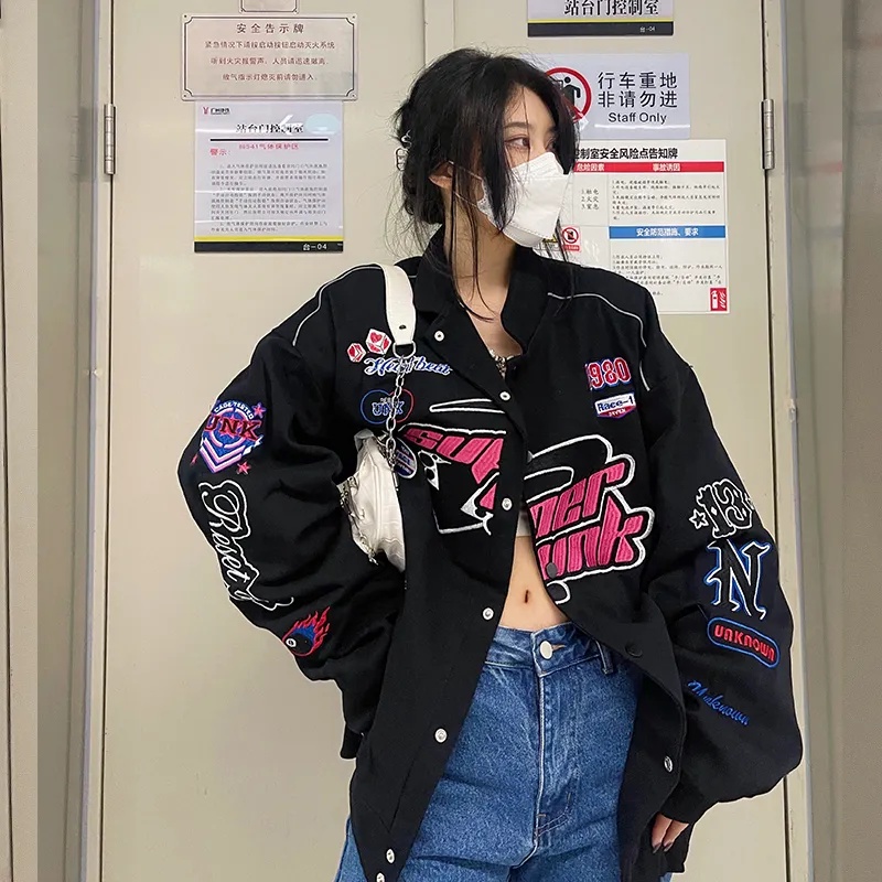 American Vintage Racing Suit Baseball Flight Fashion High Quality Jacket Female Hip-hop Street Fashion Long-sleeve Oversized Motorcycle Jacket