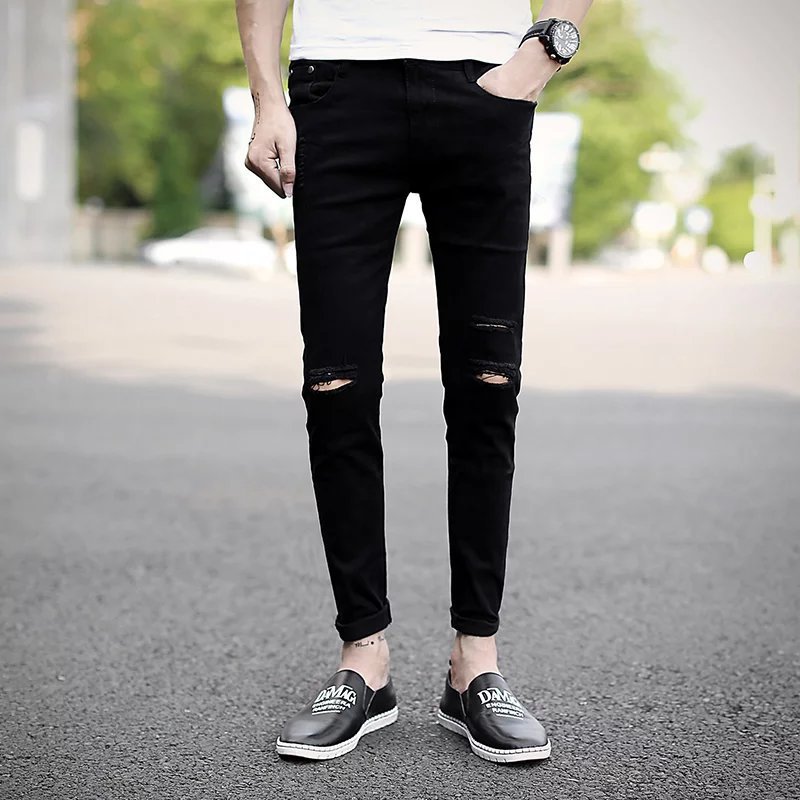 Seluar Lelaki Musim Panas Seluar Jeans Lelaki Korea Panjang Seluar Jeans Pengemis Lutut Hitam Seluar Jeans Langsing