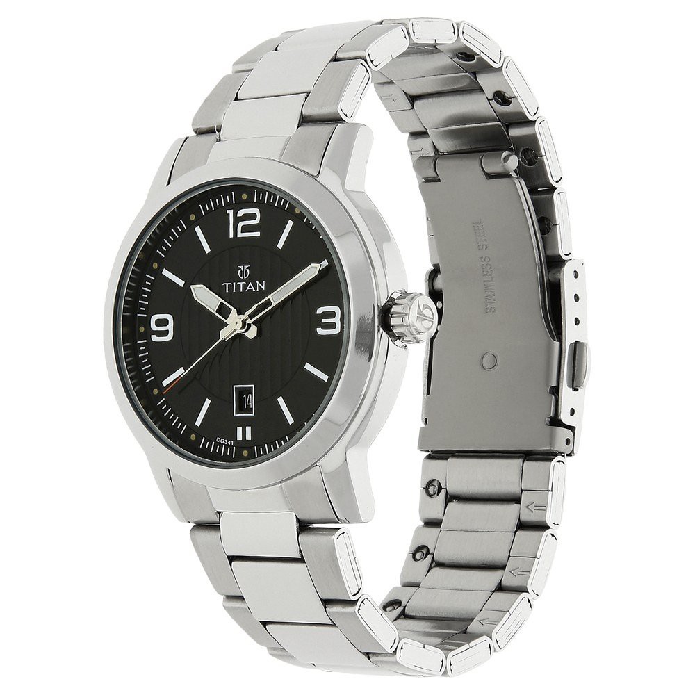 workwear watch with black dial metal strap