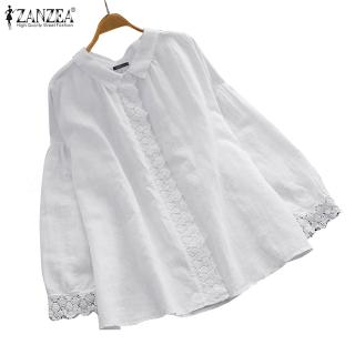 Image of ZANZEA Women Lace Patchwork Trim Button Up Top Cotton Blouse