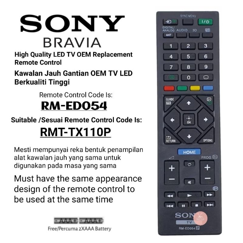 Sony Bravia Flat Panel Led Lcd TV Replacement Remote Control RMED054