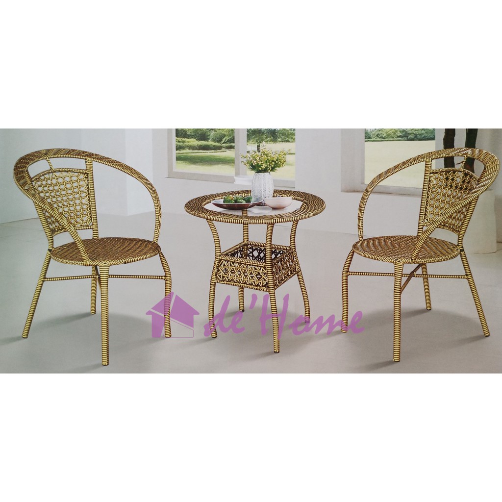 Dhome Modern Simple Synthetic Rattan 2 Chairs 1 Table with Top Glass