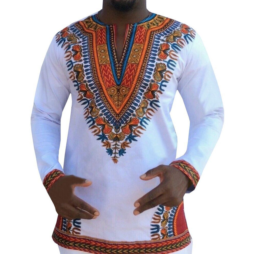Fashion Mens Dashiki Printed African Long Sleeve Tops Tribal Hippie T-shirt Tops