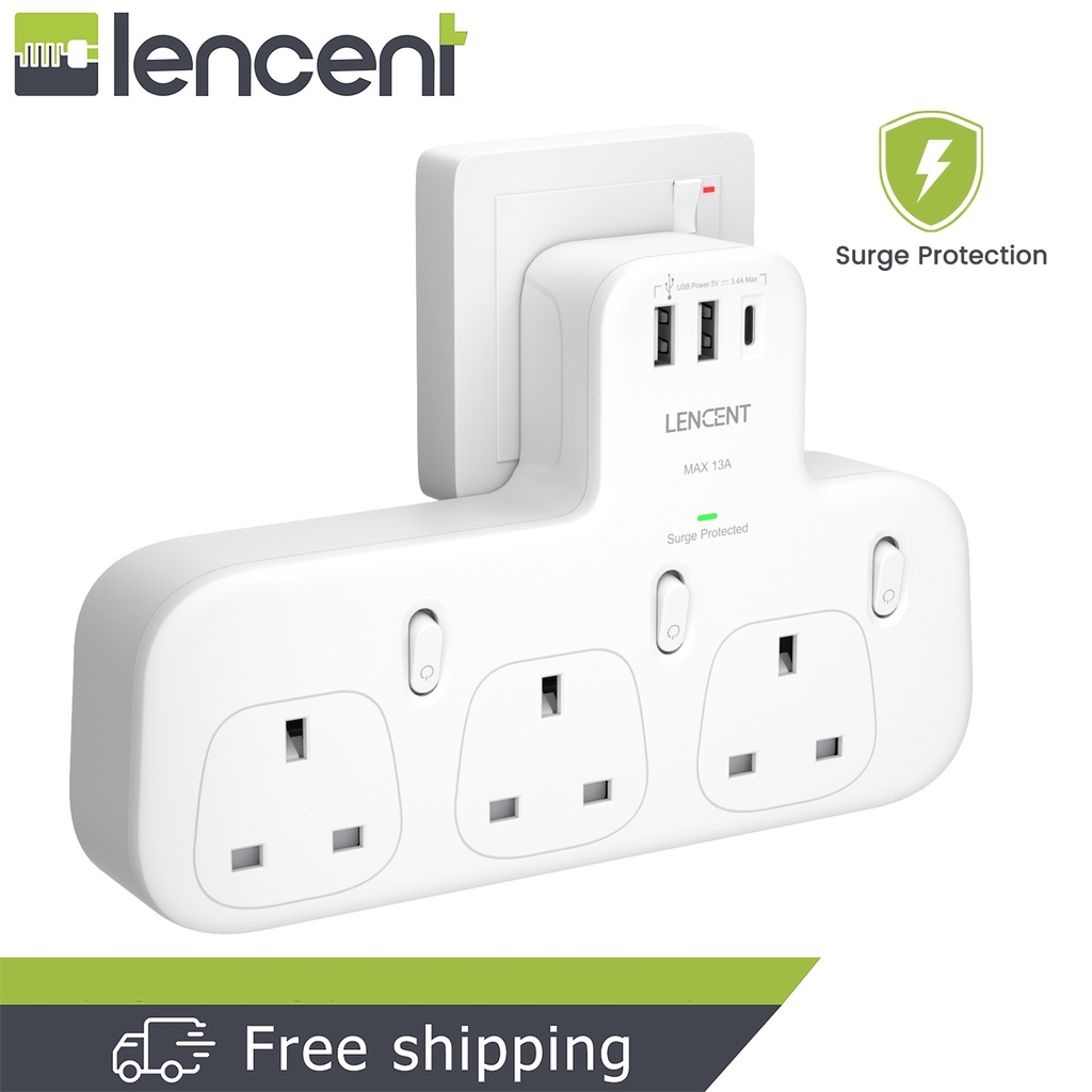 LENCENT 6 in 1 Surge Protector Extension Plug with 1 USB C and 2 USB Ports Individual Switches 3 Way Wall Plug Extender AC adapter Multi Socket Extension Charger Surge Protected