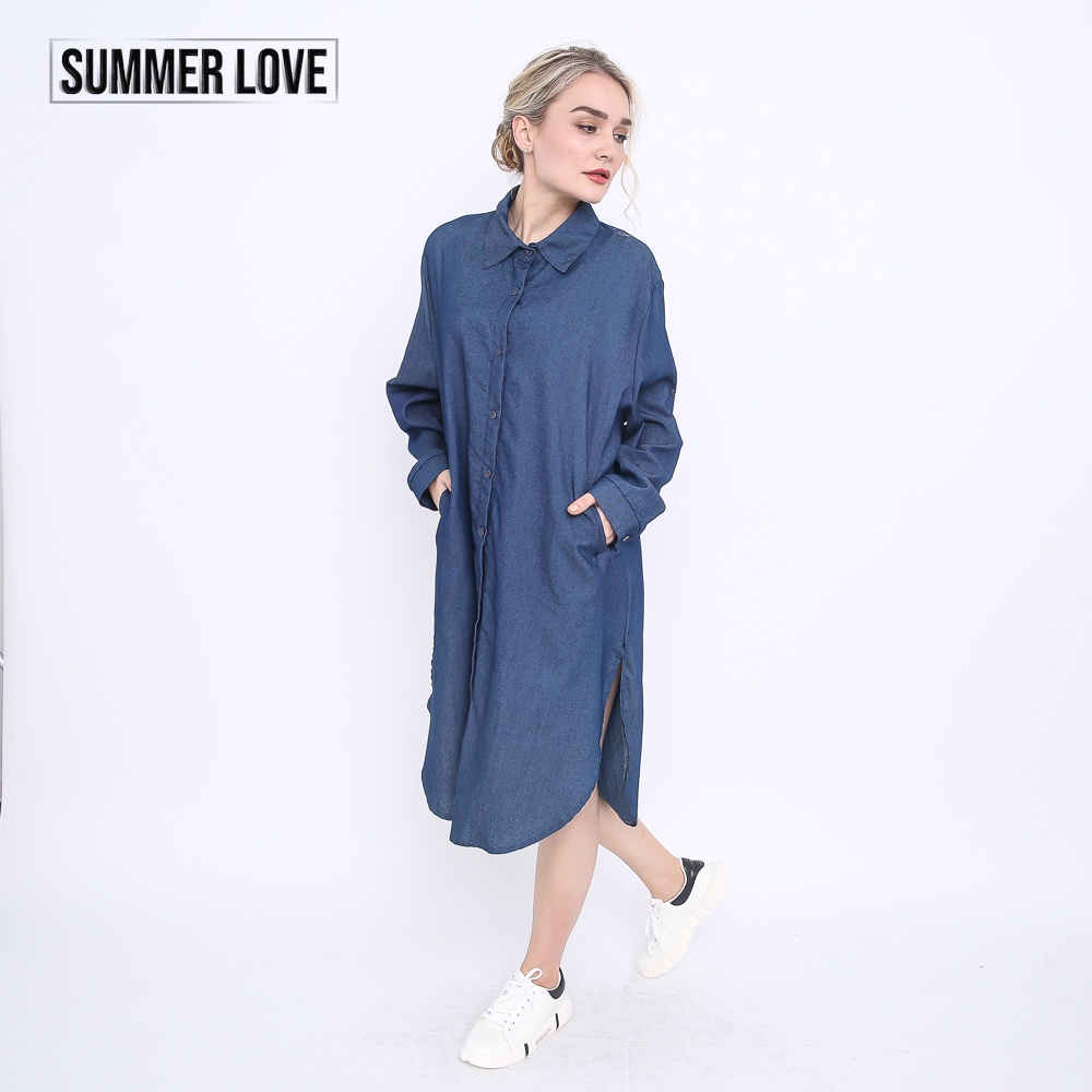 Summer Love Oversized Denim Shirt Dress - Dark Blue