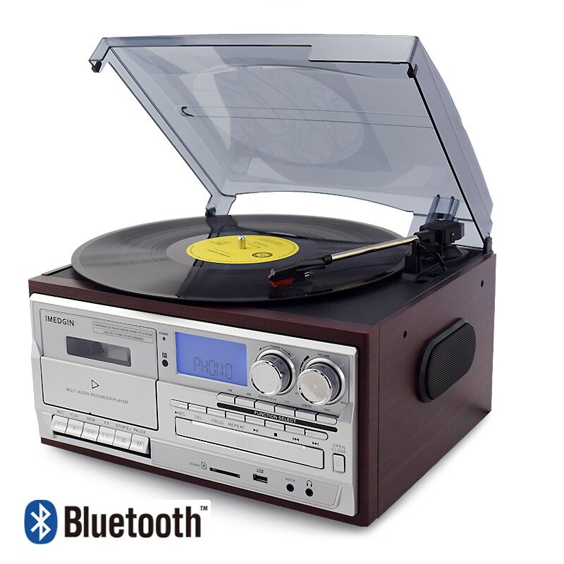 3 Speed Bluetooth Vinyl Record Player Vintage Turntable CD&Cassette Player AM/FM Radio USB Recorder Aux-in RCA Line-out