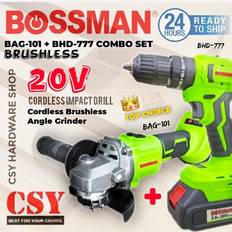 Bossman Combo Set BAG101 Cordless Brushless Angle Grinder 20V + BHD777 Brushless Cordless