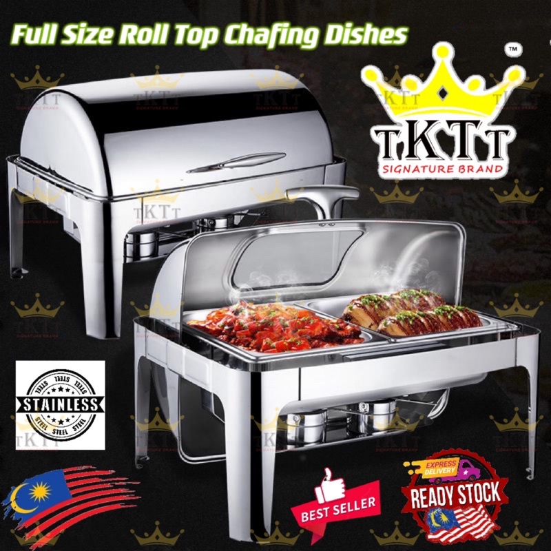 TKTT Stainless Steel Full Size Roll Top Chafing Dish Buffet Set Rectangle Serving Dish Catering Warmer Katering Kenduri