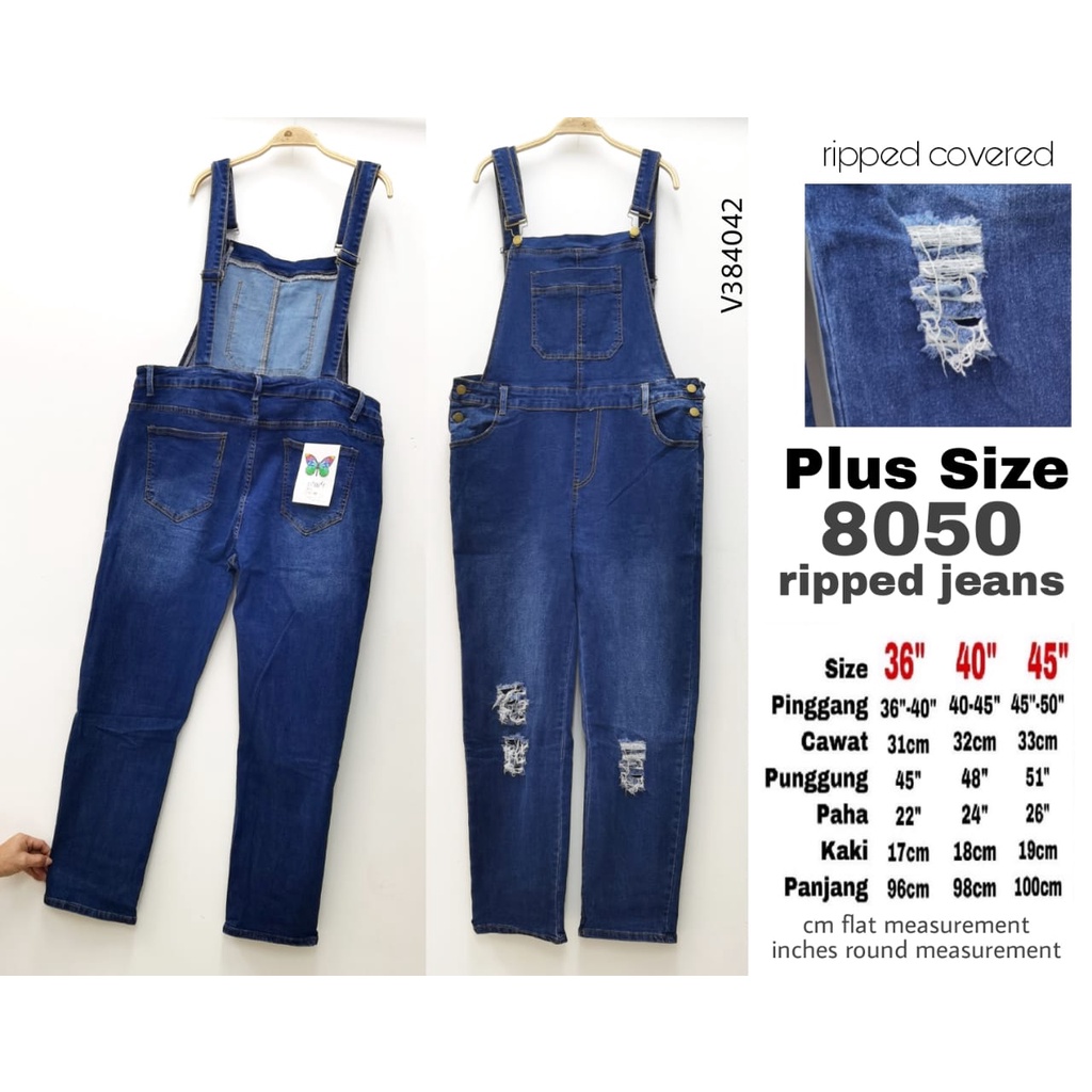 (2XL-4XL)Overall Ripped Jeans Women Plus Size Slim Fit Jumpsuit Denim Pants (koyak tak nampak kulit) - Dark Blue Wash