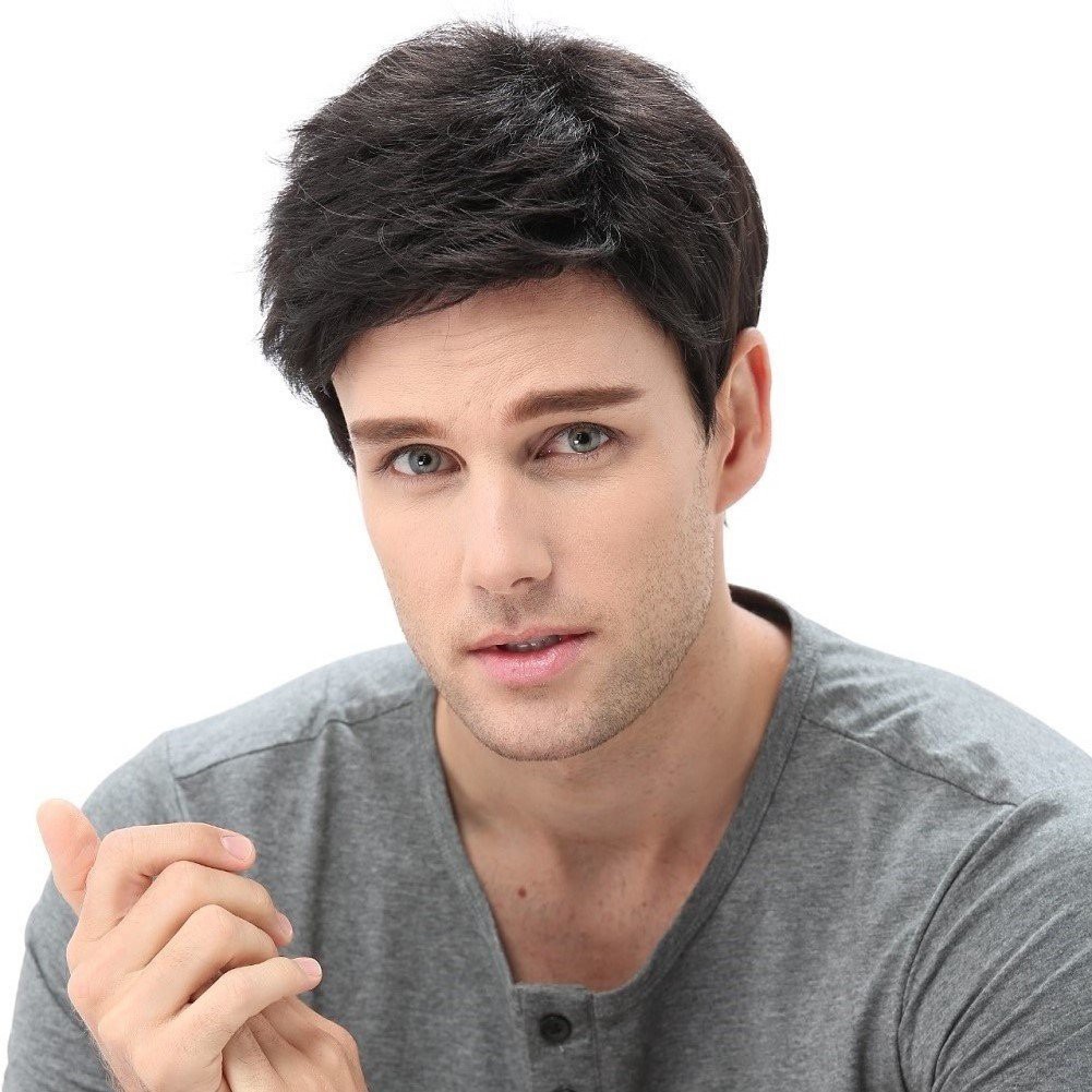Men S Wig Fashion Oblique Bangs Black Short Straight Hair Wig Male
