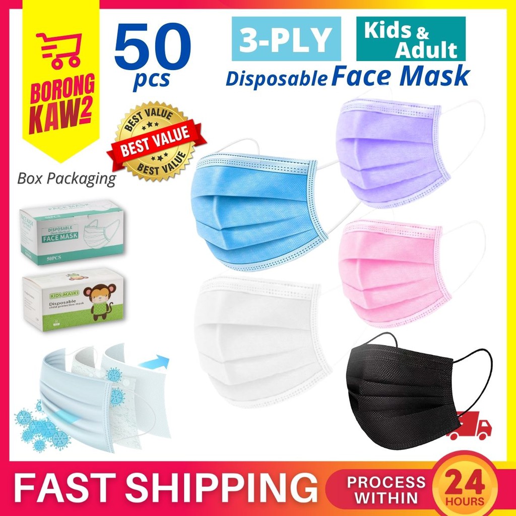 50pcs 3-PLY Disposable Face Mask 3 Layer Elastic Mouth Soft Breathable Flu Hygiene Topeng Muka ( Adult / Kids ) 口罩