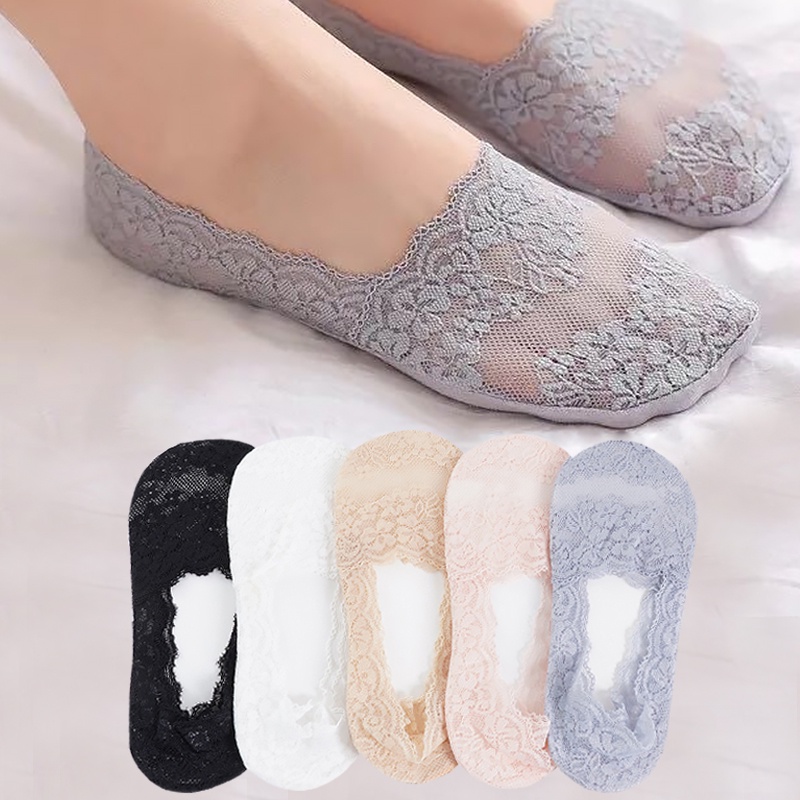 Women Lace Cotton Invisible No Show Socks Non-slip Summer Solid Color Short Socks Fashion Ankle Thin Slipper Hollow Out Socks