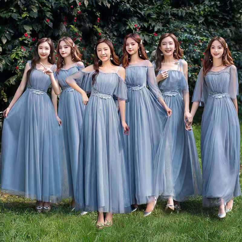 blue gray bridesmaid dress