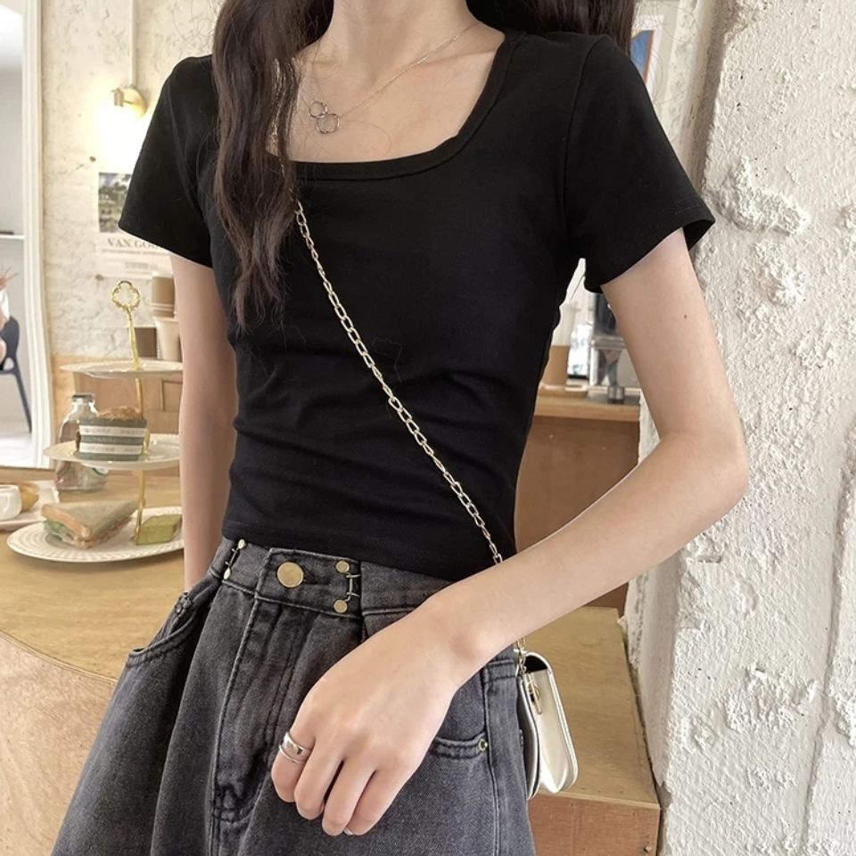 Women blouse Black T-shirt women's summer French gentle style square collar slim white short-sleeved short top