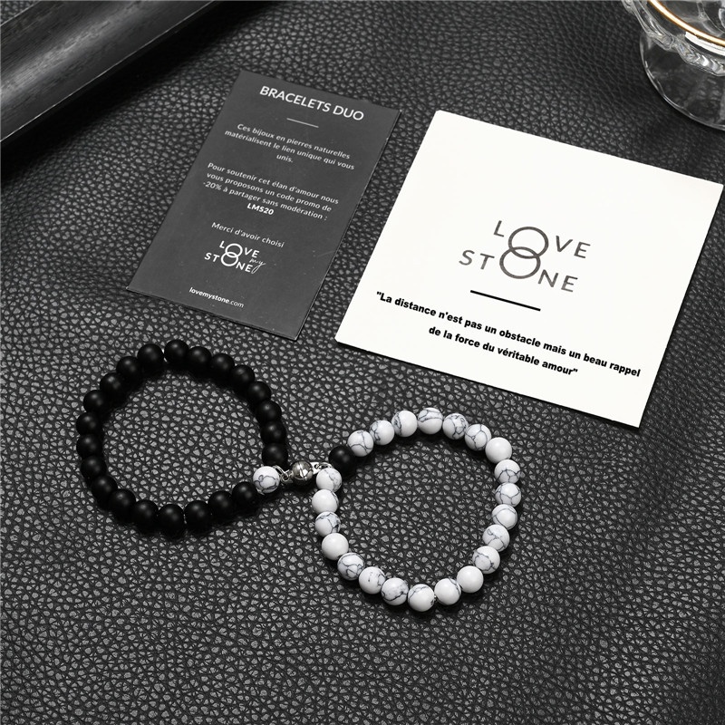 2Pcs/set White Black Magnetic Bracelets Natural Stone Matching Braslet for Couple Jewelry Gift