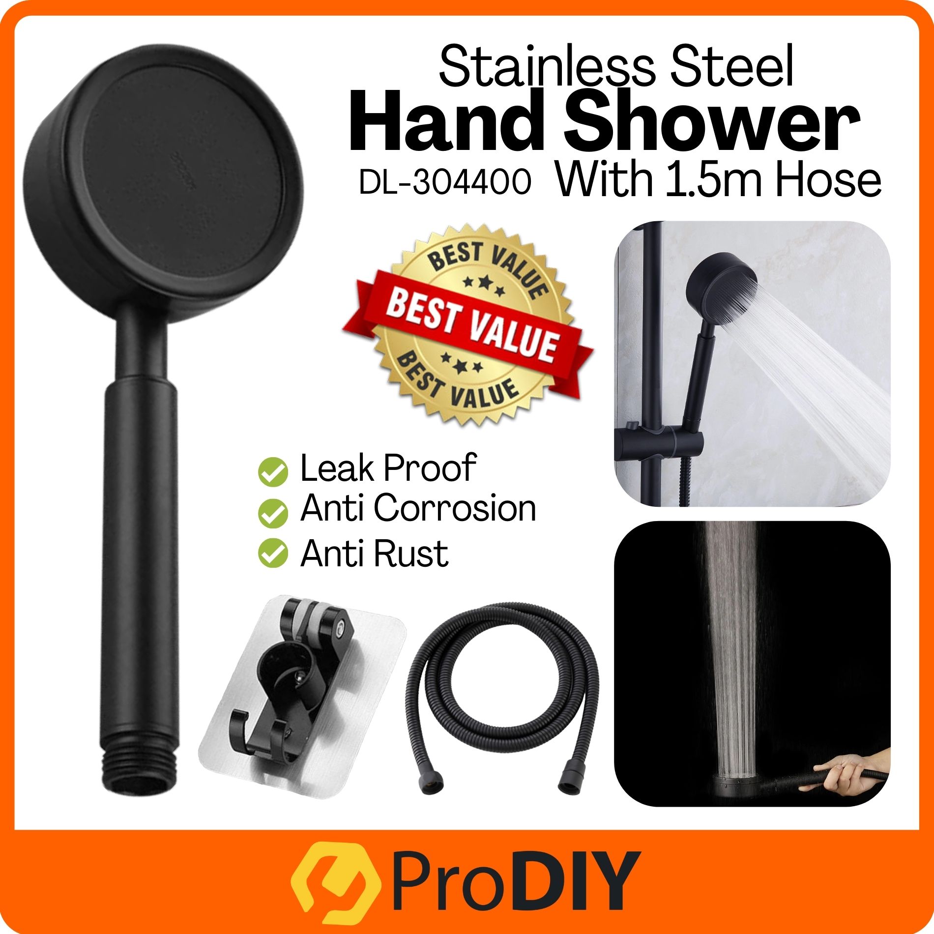 SUS304 Black Oxide Coated High Pressure Hand Shower Head Set with Holder & Hose Sprayer Pressurized Water ( DL-304400 )