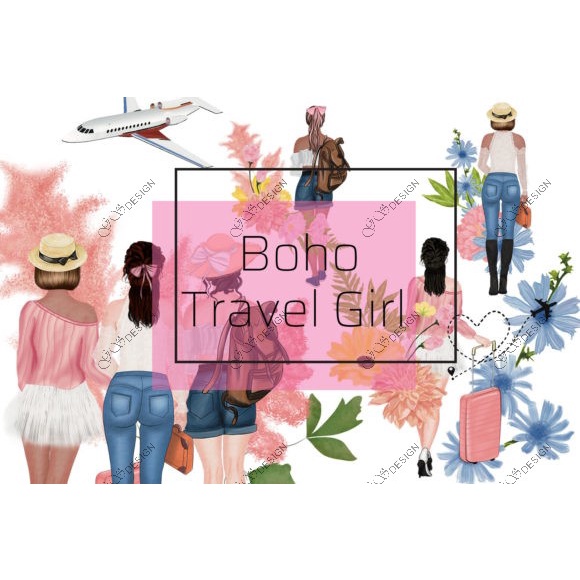 Travel Girls Clipart Design Set in 56 Individual High Resolution PNG Format Files Instand Download