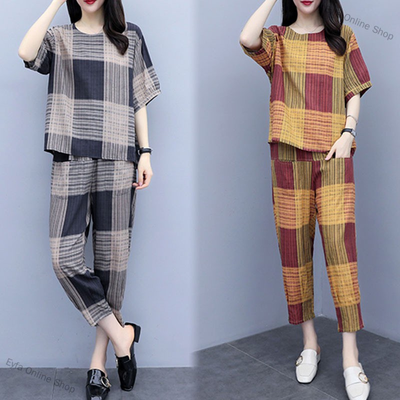 Eyfa Online Shop 2Pcs/set Lady Short Sleeve T-shirt + Ninth Straight Bottom Pants Summer Plaid Casual Suit