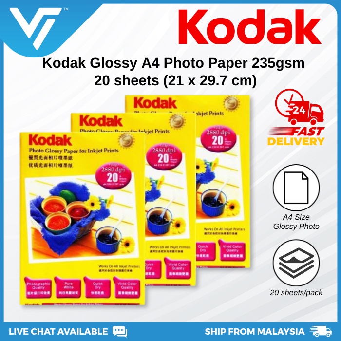 Kodak Premium A4 Glossy Photo Paper 230gsm 20 Sheets Pack For Inkjet