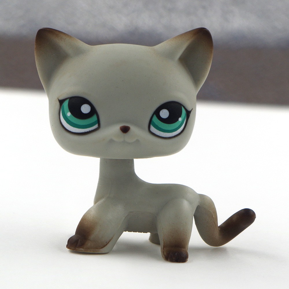 Littlest Pet Shop Toy LPS Cat Gray Kitty Green Eyes Rare Short Hair Cat