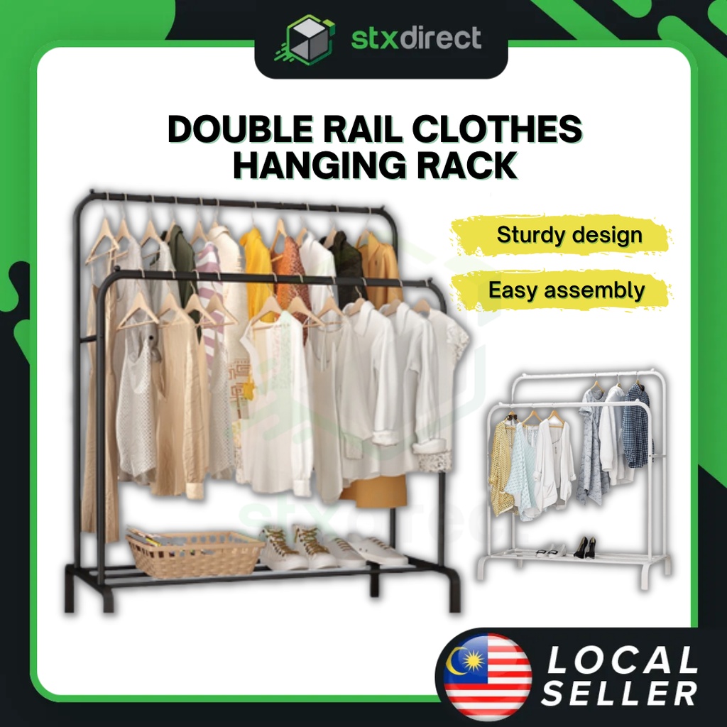 Double Rail Sturdy Clothes Rack Open Wardrobe Hanging Organizer Rak