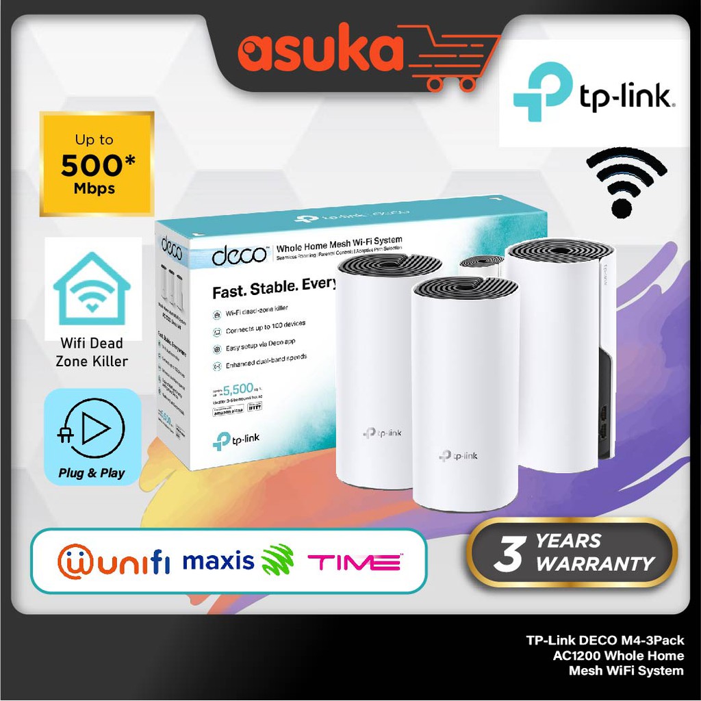 TP-Link DECO M4 (3 Packs) AC1200 Whole Home Mesh WiFi System(AP Or Router Mode) (Support Unifi , Maxis & TIME Fiber)