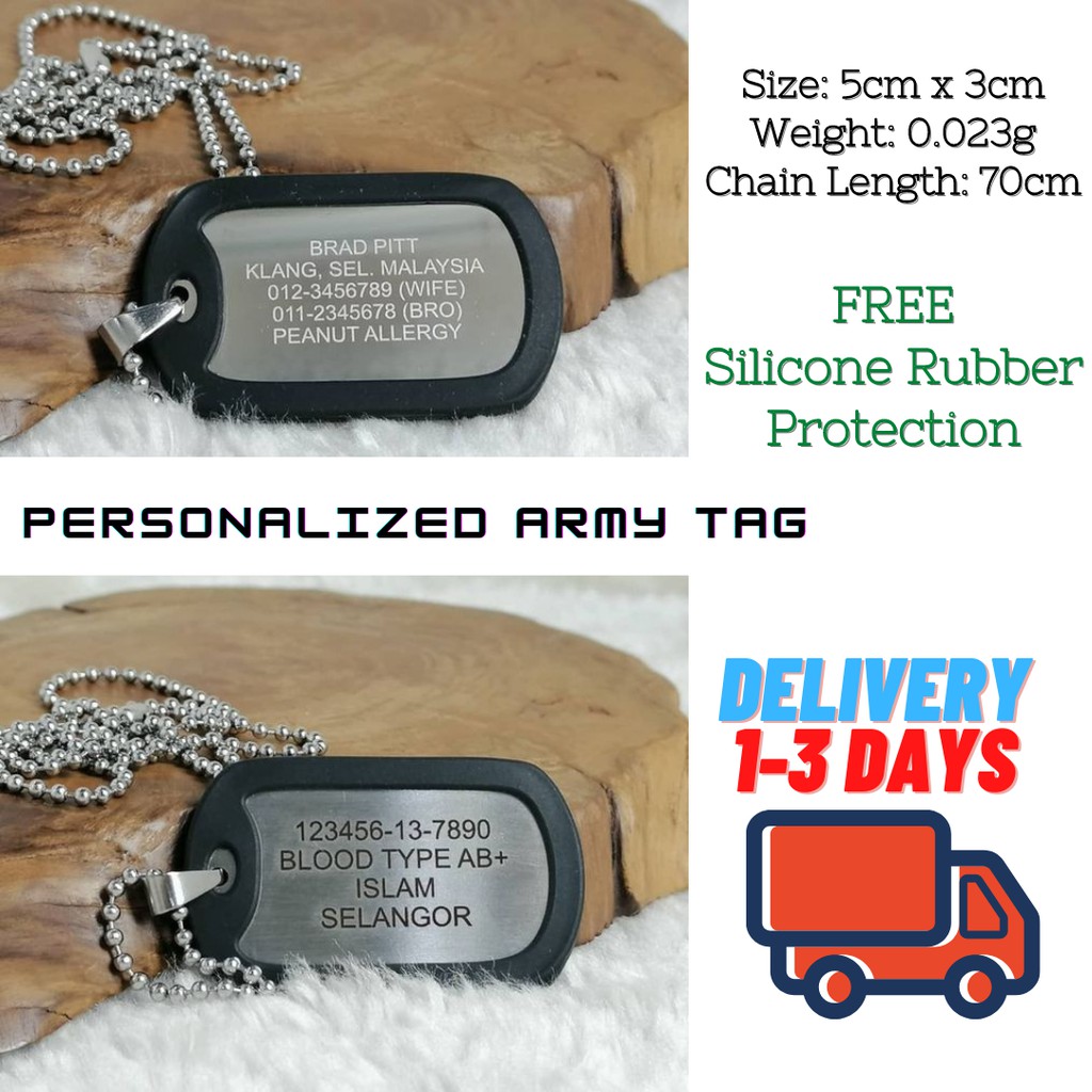 Laser Engrave Personalized Rantai Ukir Nama Army Military Dog Tag Necklace (NOT Dot Pee Marking or Punch Marking)