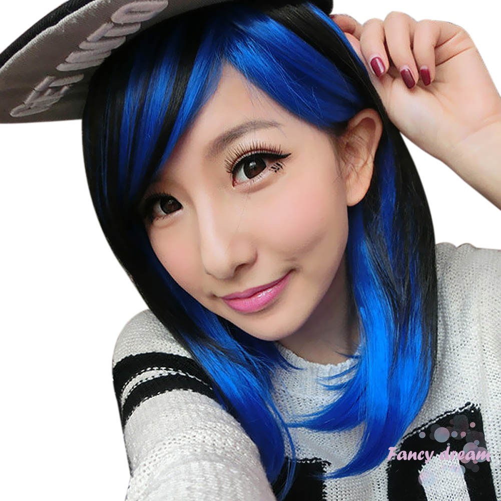 Fd Fashion Two Tone Black Blue Cosplay Wig Short Straight