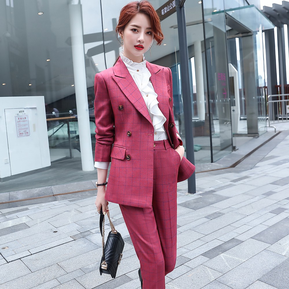 red plaid pant suit womens