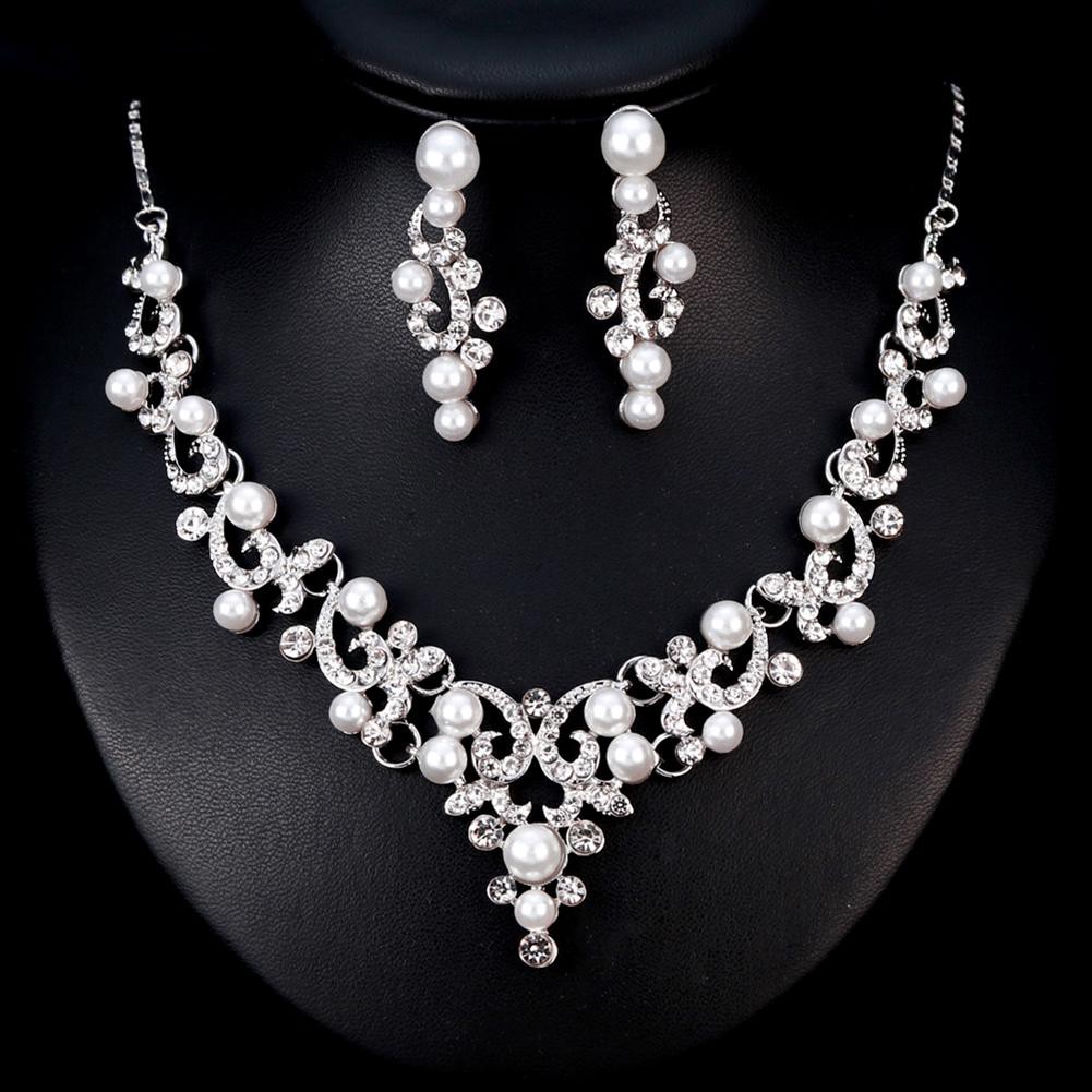 Faux Pearls Rhinestone Bride Necklace /& Drop Earrings Party Wedding Jewellery