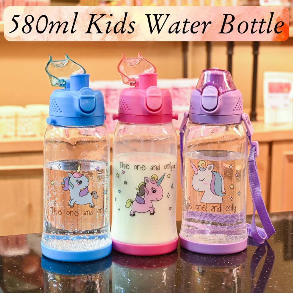 READY STOCK 580ML Botol Air Kanak-kanak Kids Water Bottle With Straw Tali Panjang Ada Tali Panjang Straw Big 小孩吸管卡通水瓶