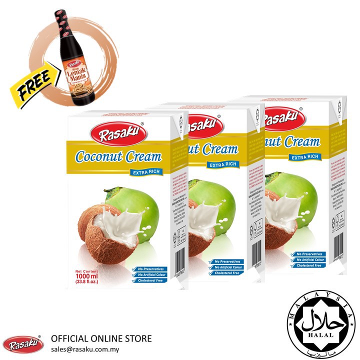 RASAKU Coconut Cream 24% Extra Rich/ Santan Pekat 1l (Bundle/3 Unit) FREE RASAKU Kicap Lemak Manis 330ml