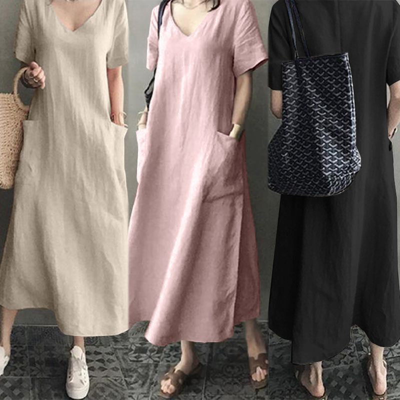 DRESS MUSLIMAH Women Vintage Style Retro Cotton Linen V-neck Large ...