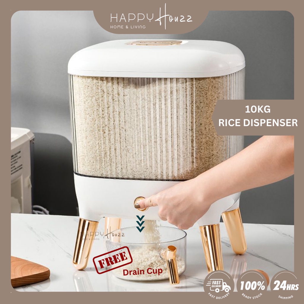 【READY STOCK】HAHO 10kg Auto Press Rice Dispenser FREE Drain Cup Rice Storage Box Sealed Container Bekas Beras