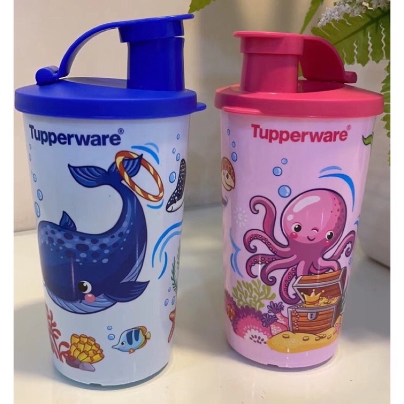 Tupperware Benny the Bull Frog Water Bottle Tumbler for Kids ~ Aqua Blue NEW 
