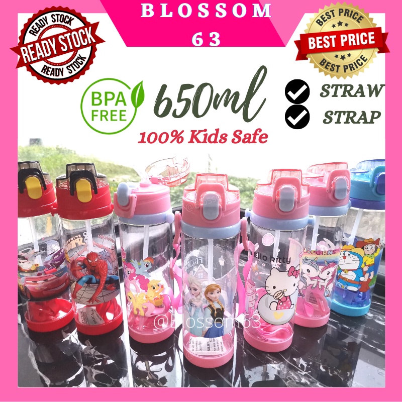 [BLOSSOM 63] 650ml Disney Smiggle Water Bottle With Straw |Kids Botol ...