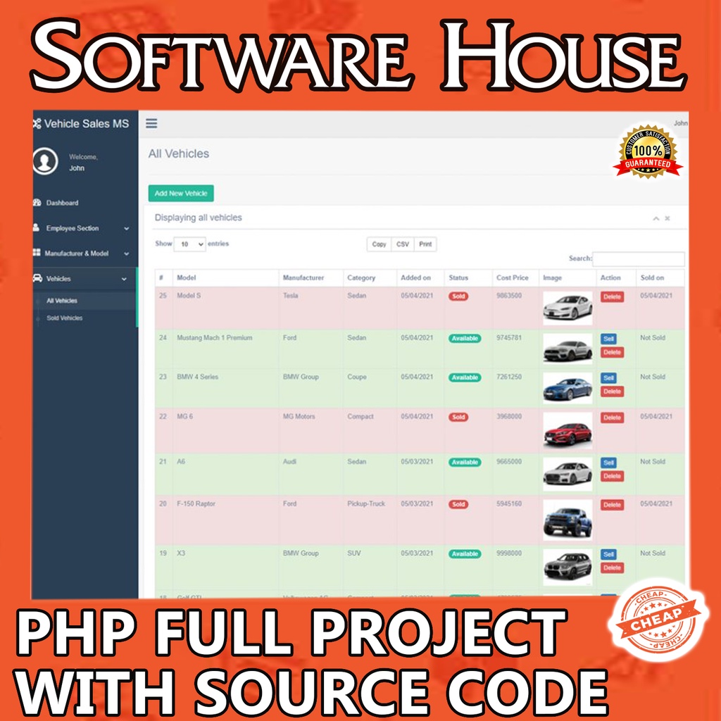 Vehicle Sales Management System Full PHP Project with Source Code