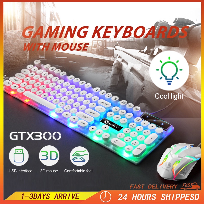 GTX300 Set Gaming Keyboard And Mouse Office Computer RGB Light Colourful Keypad Retro Keyboards dan Tetikus 电脑游戏键盘滑鼠套装