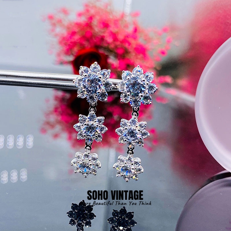 SOHO VINTAGE Silver S925 Elegant Earrings Dinner Luxury Full Diamond Earrings for Women Drop
