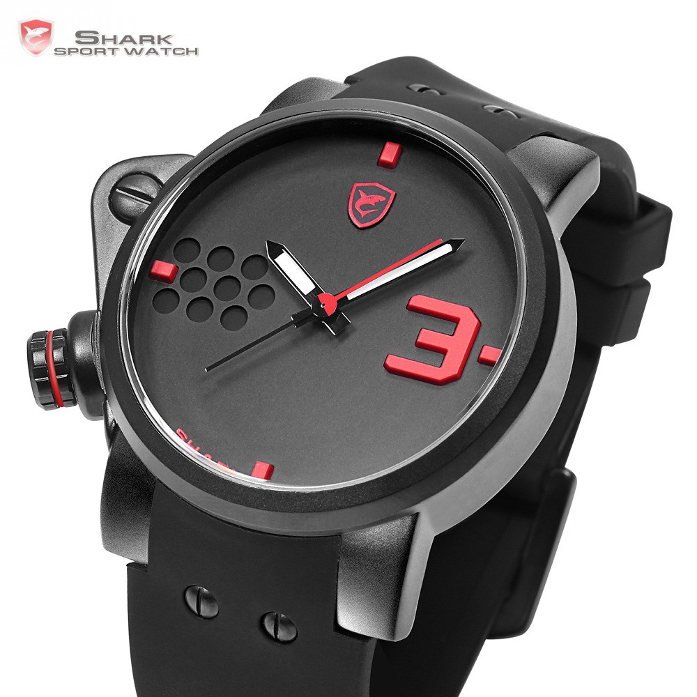 Salmon SHARK Sport Watch Black Red Mens Quartz Silicone Band Wrist Watches SH517