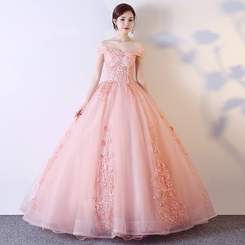 light pink off the shoulder prom dress