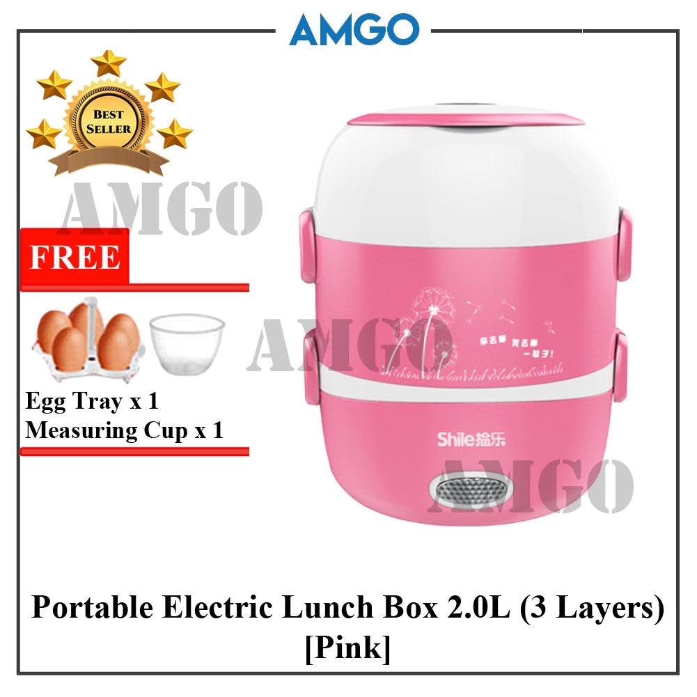 AMGO Shile Multi-Function 2.0L Triple Layers Electric Lunch Box Steaming Reheating Mini Rice Cooker Cooking Pot [PINK]