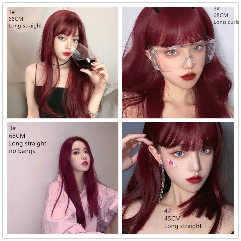 Wine Red Wig Long Straight Hair Big Wave Curls Wig 4 Kind Hairstyles