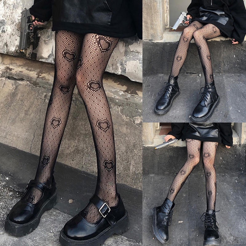 ℜ-ℜ Women Black Heart Dot Jacquard Fishnet Pantyhose Gothic Punk Hollow ...