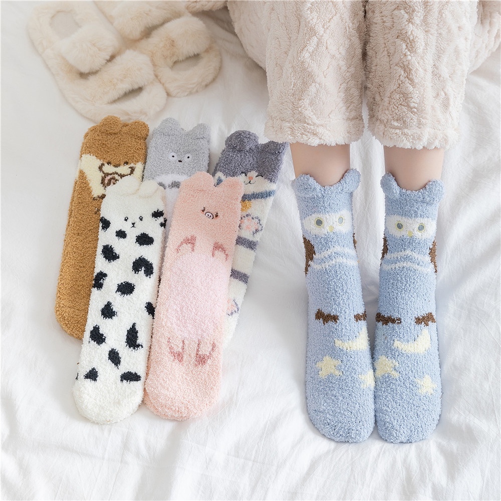 Women Winter Plush Cozy Slipper Socks Warm Fuzzy Soft Fluffy Sleep Sock Cute Cartoon Funny Animal Designe Indoor Mid Calf Crew Socks