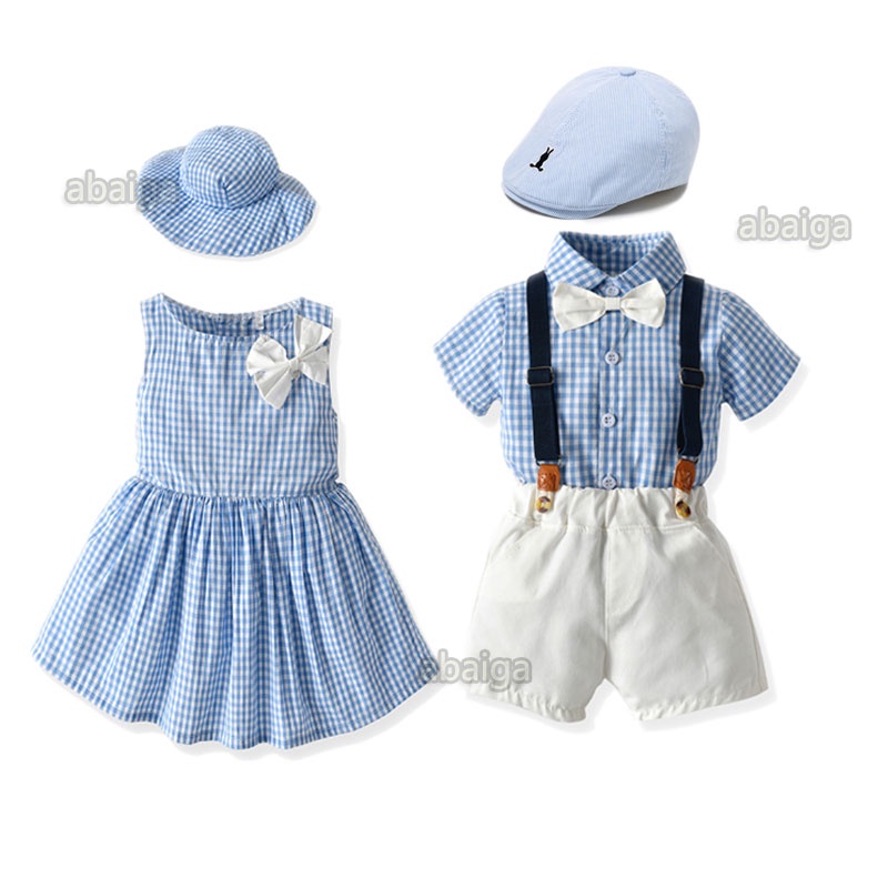 Summer Family Twinning Set Casual Shirt White Shorts Blue Dress Suit Terno Kids Brother Sister Twinning Matching Outfit Baby Boy Girl Clothes