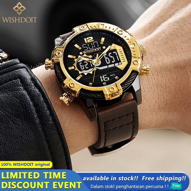 WISHDOIT Jam Tangan lelaki Multifunction Waterproof watch LED Analog-Digita watch Quartz watch Men watch Sports watch Golden black watch luxury watch luminous watch authentic watch